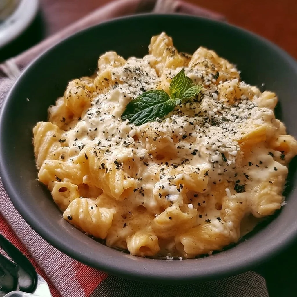 Cremige Protein Nudeln mit Hüttenkäse auf einem Teller serviert