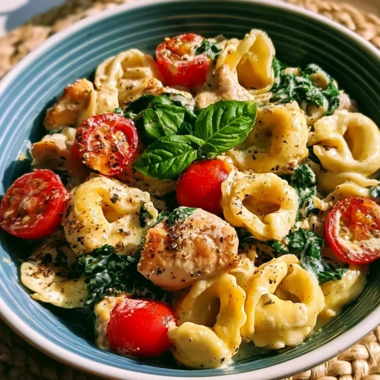 Cremige Tortellini mit Hähnchen, Spinat und Cherrytomaten auf einem Teller