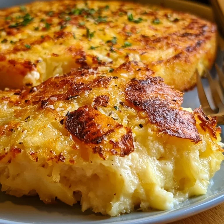Cremiger Hüttenkäse Kartoffelrösti Auflauf auf einem Teller serviert