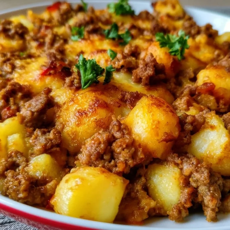 Kartoffelpfanne mit Hackfleisch auf einem Teller serviert