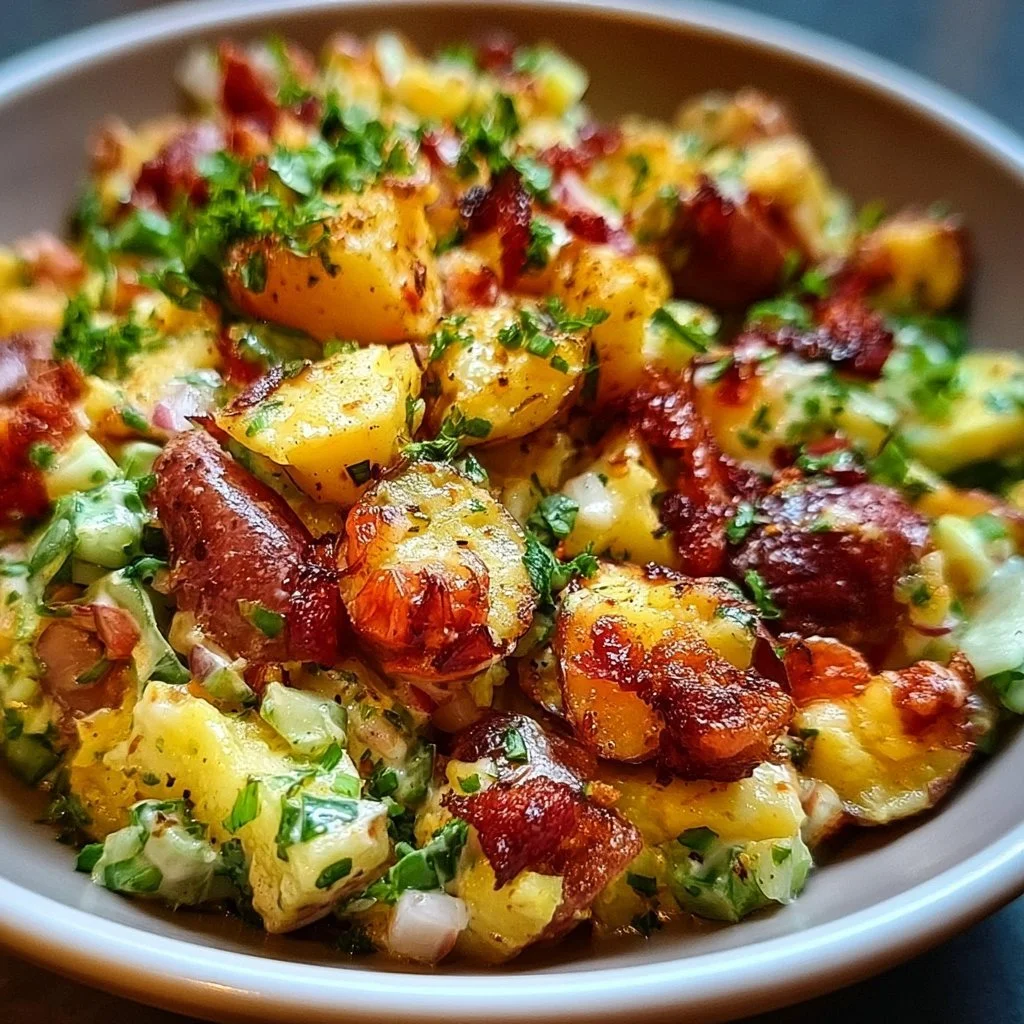 Knuspriger Kartoffelsalat auf einem Teller, garniert mit frischen Kräutern.
