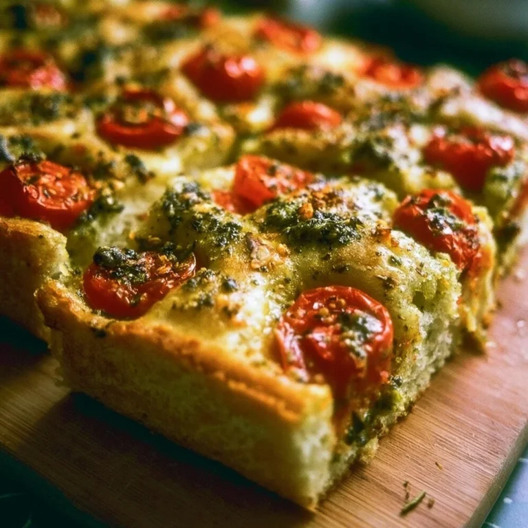Köstliche Focaccia mit Pesto und frischen Tomaten auf einem Holzbrett.