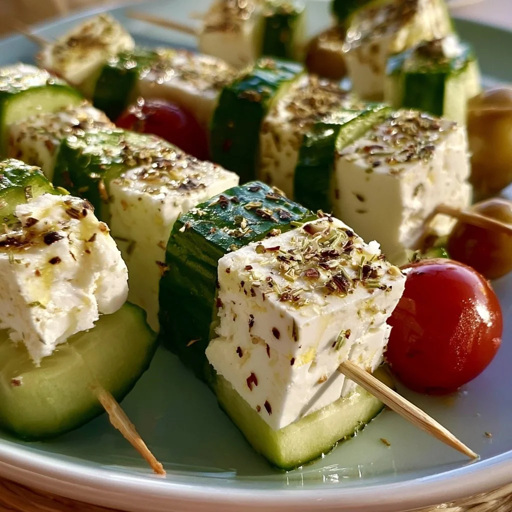 Feta-Spieße mit frischen Gurkenscheiben auf einem Teller