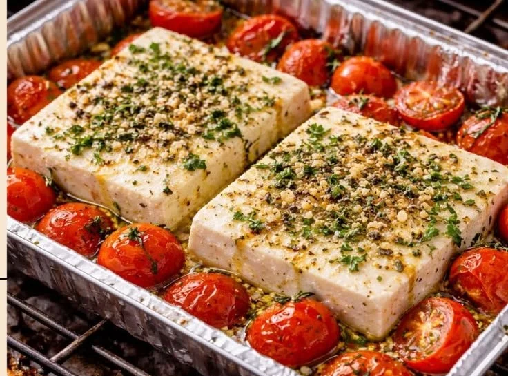 Gegrillter Feta mit Tomaten und Kräutern auf dem Grill