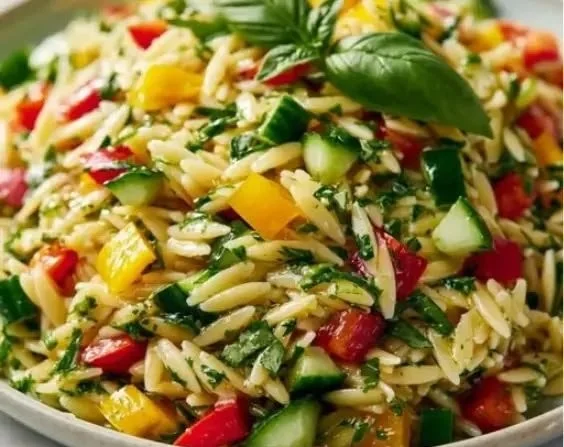 Frischer Orzo Salat mit Gurke, Paprika und Kräutern auf einem Teller