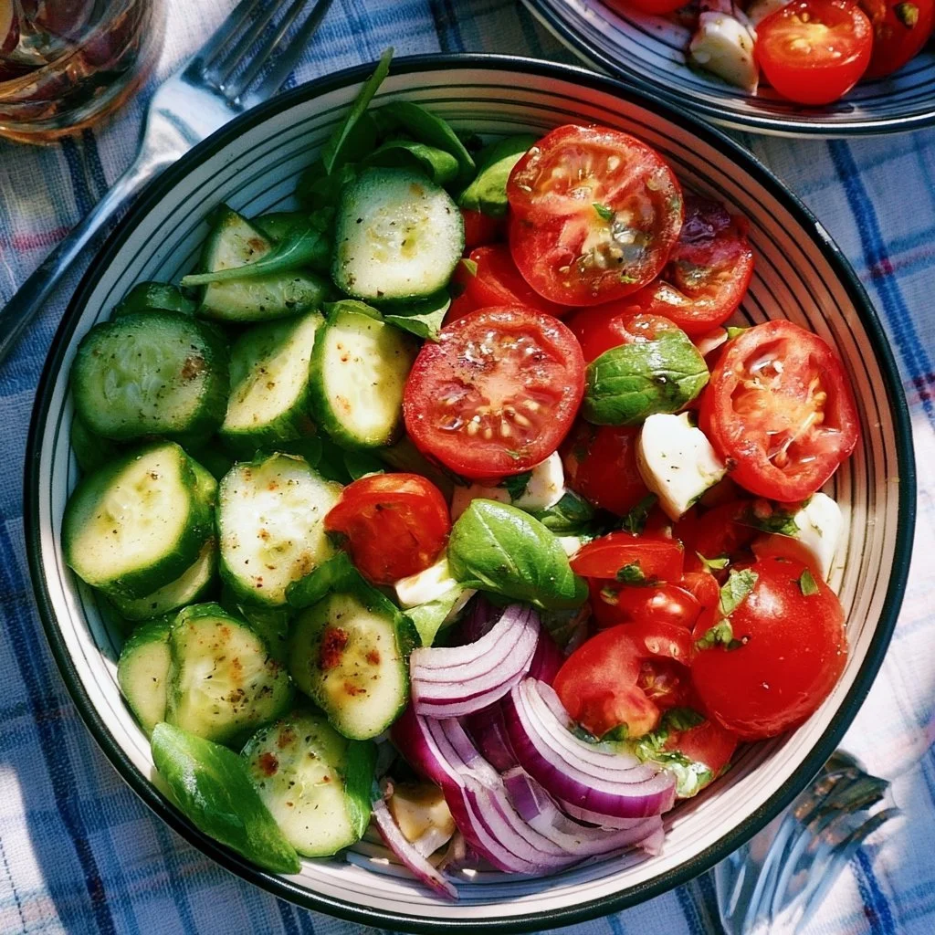 Frischer Sommersalat mit buntem Gemüse und Kräutern