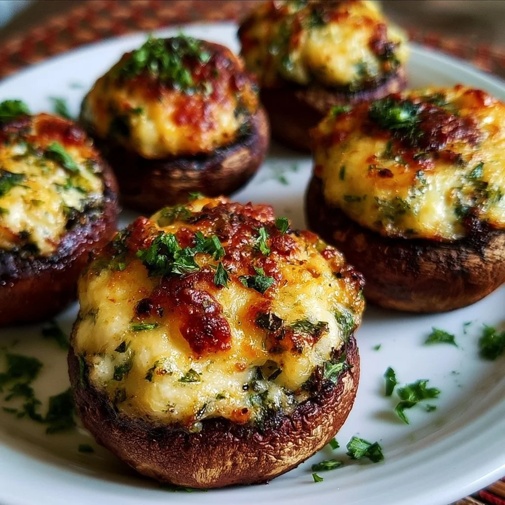 Leckere gefüllte Champignons vom Grill auf einem schön gedeckten Grilltisch