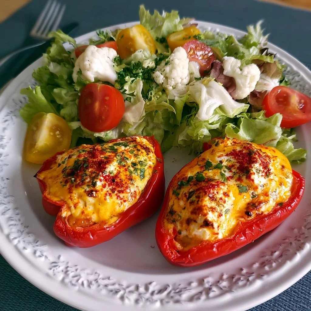 Gefüllte Feta Paprika mit buntem Salat auf einem weißen Teller