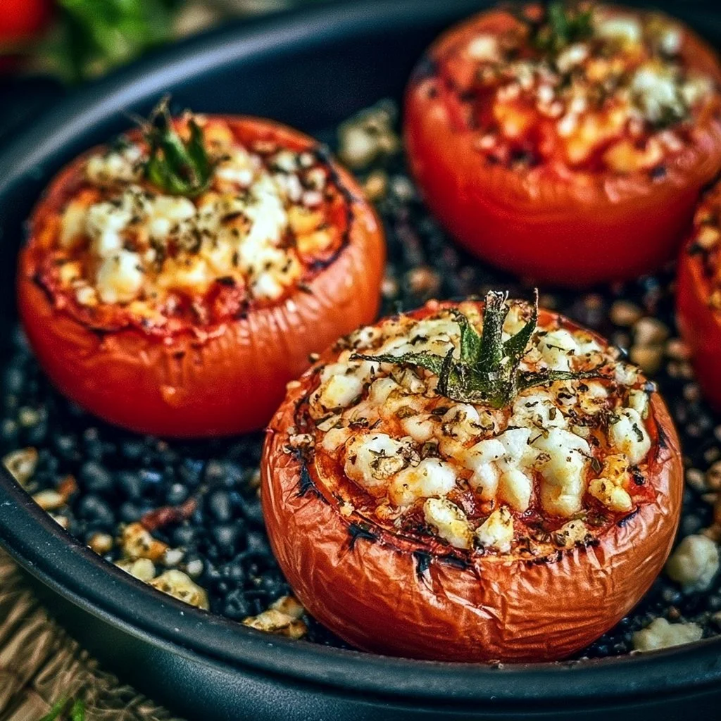 Gefüllte Grilltomaten mit Feta auf einem Grill serviert
