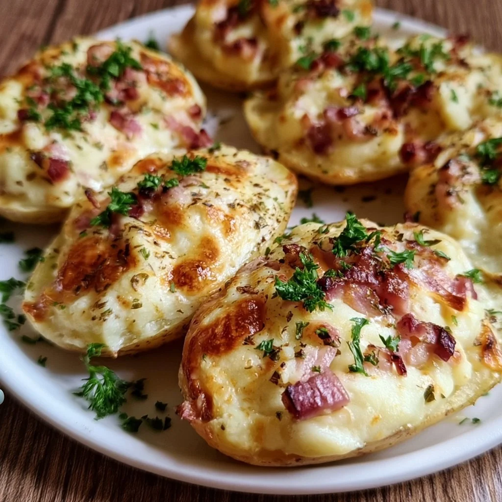 Gefüllte Kartoffeln nach Flammkuchen-Art auf einem Teller angerichtet.
