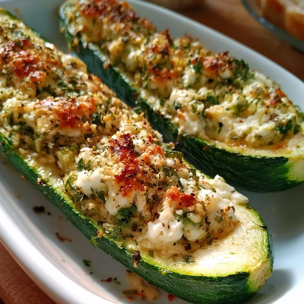 Gefüllte Zucchini mit Feta auf einem Teller, dekoriert mit frischen Kräutern.
