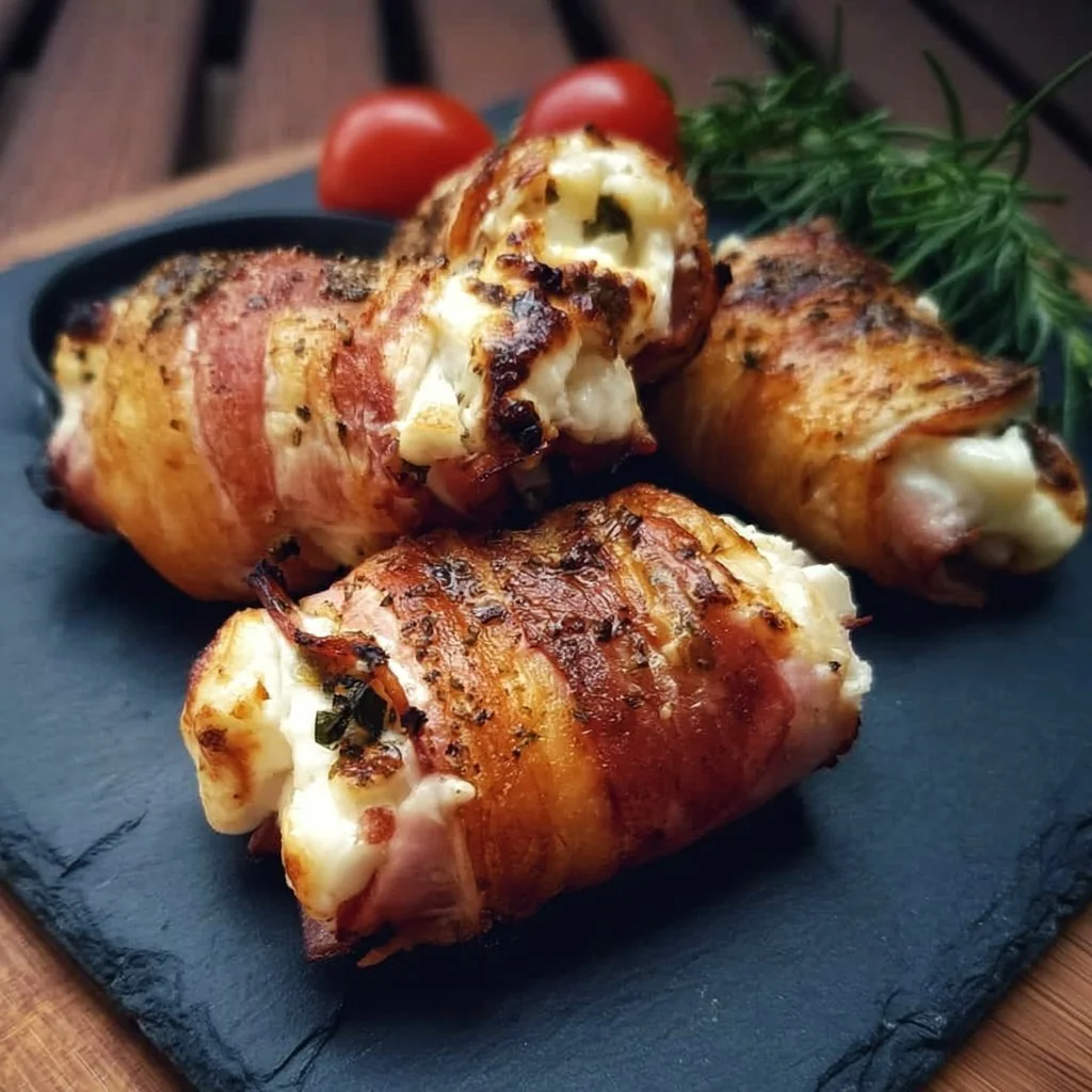 Gegrillte Feta-Schinkenröllchen auf einem Grill
