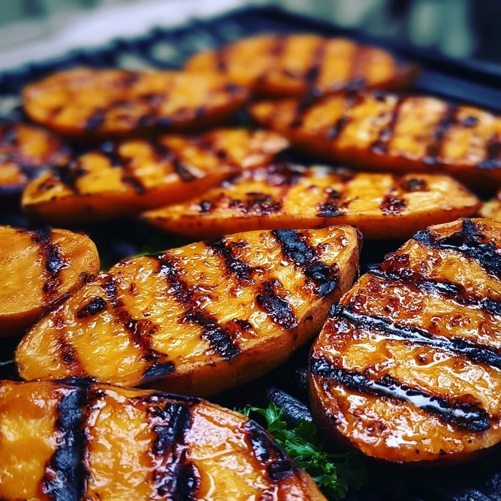 Gegrillte Süßkartoffeln auf einem Grillrost, frisch zubereitet und angerichtet.