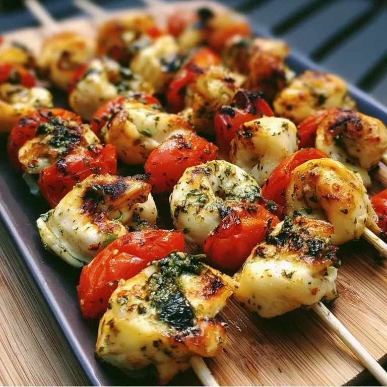 Gegrillte Tortellini-Spieße auf einem Grill serviert.