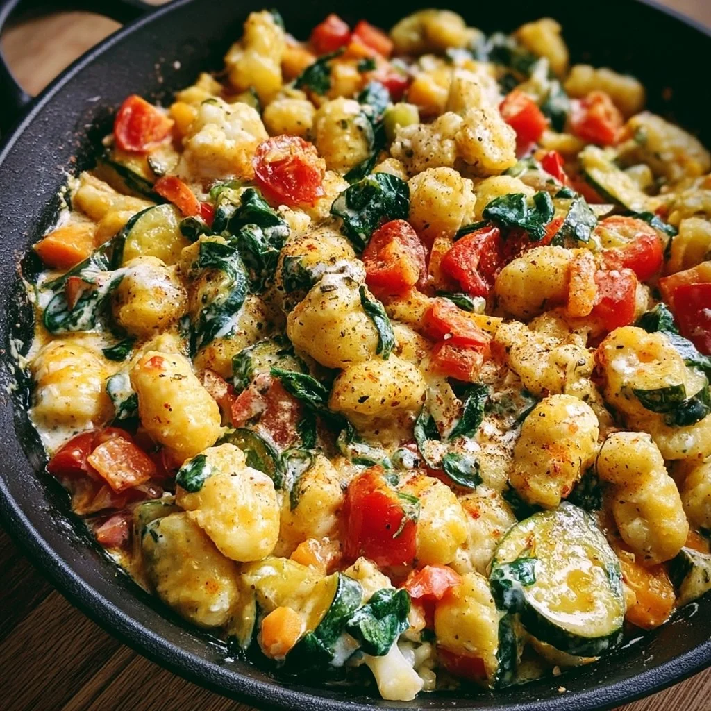 Gnocchi-Gemüse-Pfanne mit Frischkäse auf einem Teller angerichtet