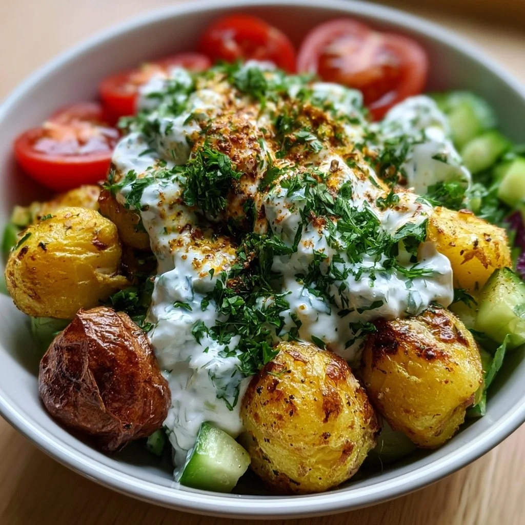 Griechische Kartoffel Bowl mit frischem Tzatziki auf einem Teller serviert