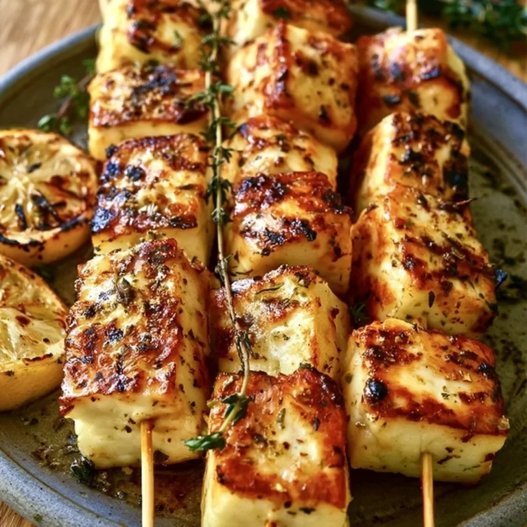 Gegrillte Halloumi-Spieße mit Zitrone und Thymian auf dem Grill.