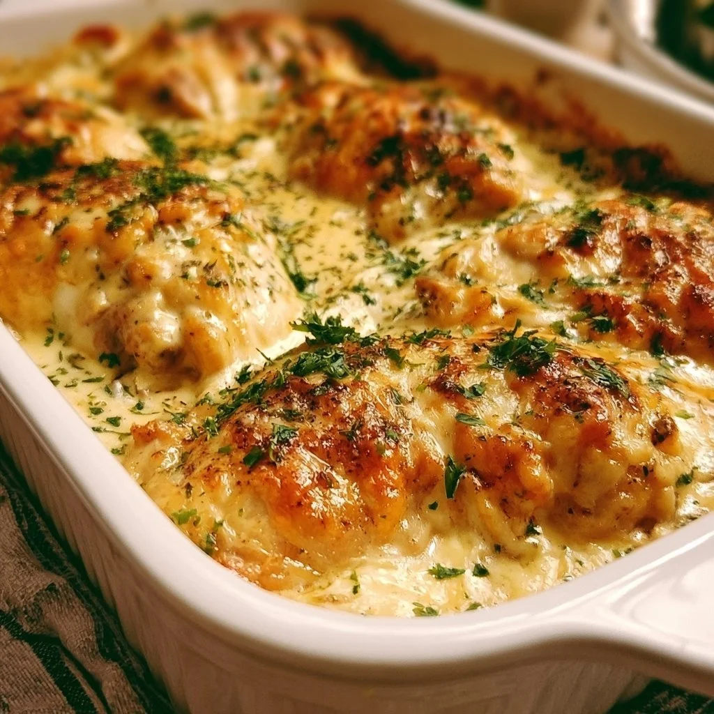 Hähnchen in cremiger Frischkäse-Soße aus dem Ofen serviert mit Beilagen