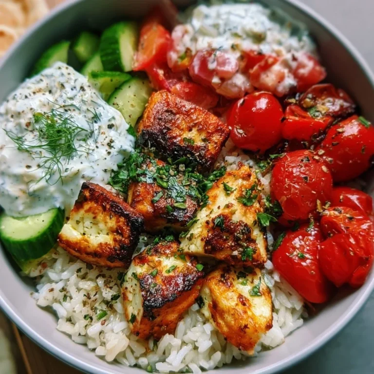Halloumi-Schüssel mit Reis und Tzatziki, gesundes Rezept