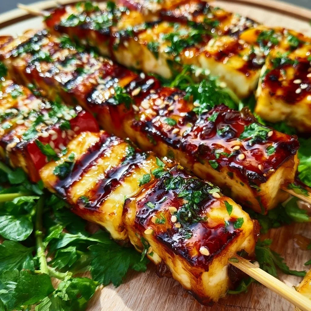 Halloumi Spieße mit Honigglasur auf einem Grill