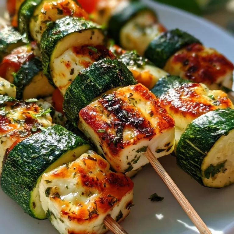 Grillierte Halloumi-Zucchini-Spieße auf einem Teller, sommerlich und vegetarisch