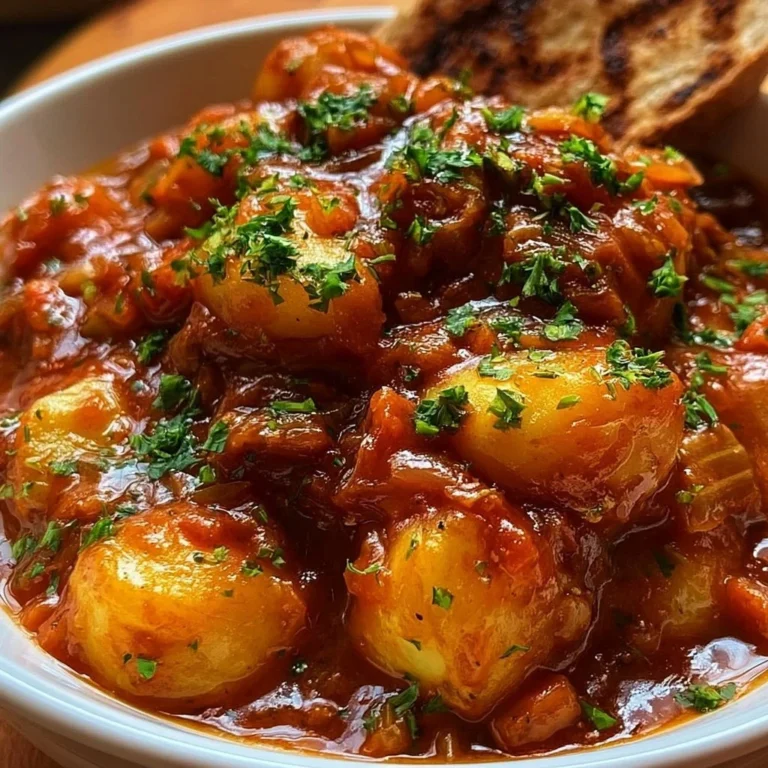 Hearty vegan potato goulash in a bowl, garnished with herbs