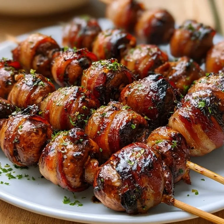 Herzhafte BBQ Bacon Champignon Spieße auf einem Grill präsentiert