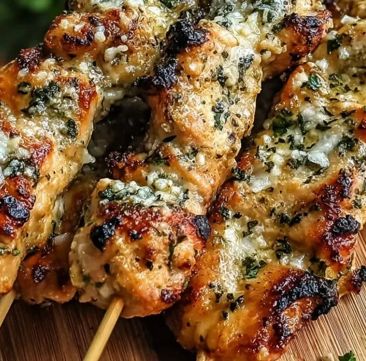 Herzhafte Knoblauch-Parmesan-Hühnchenspieße auf dem Grill