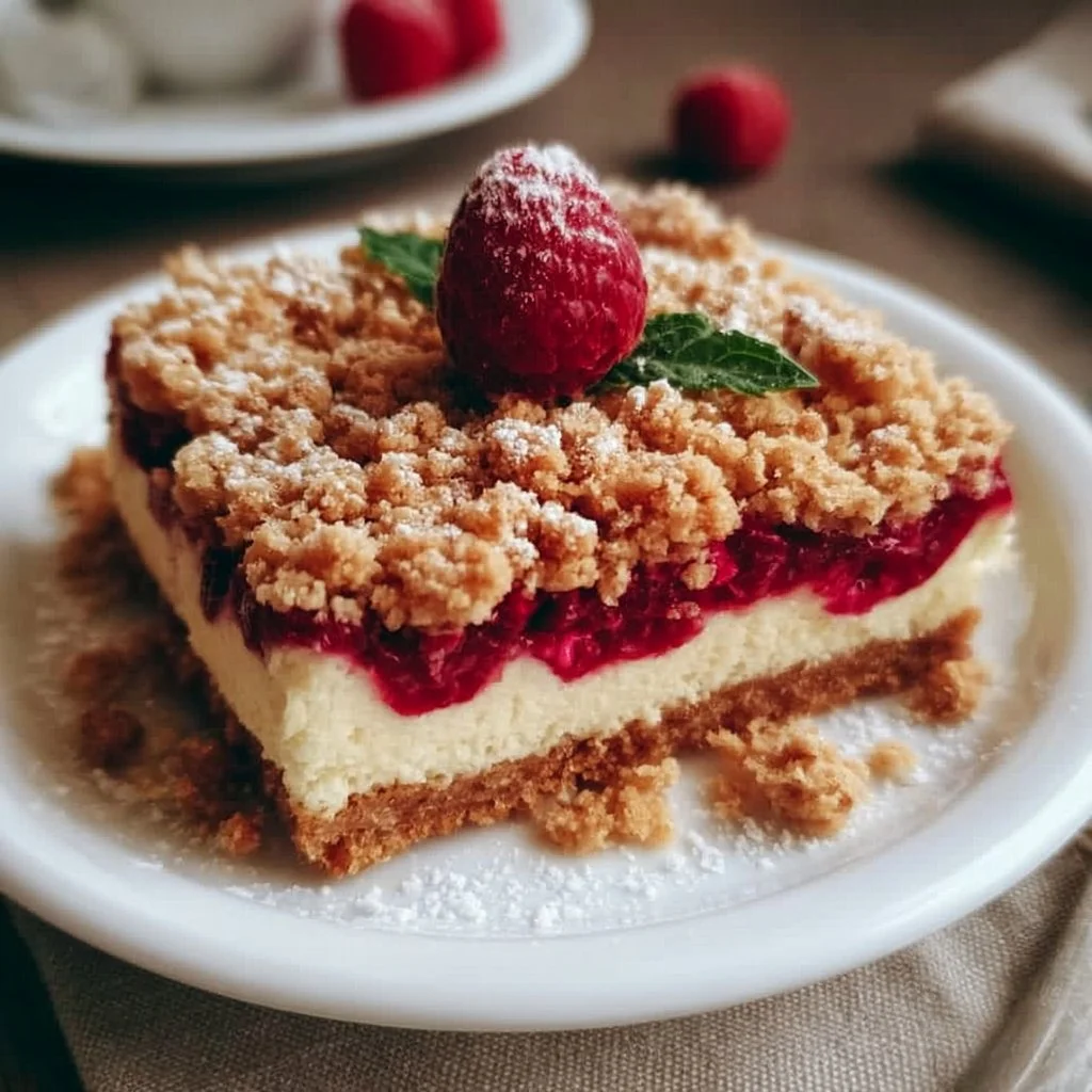 Himbeer-Käsekuchen mit Streusel auf einem Teller dekoriert