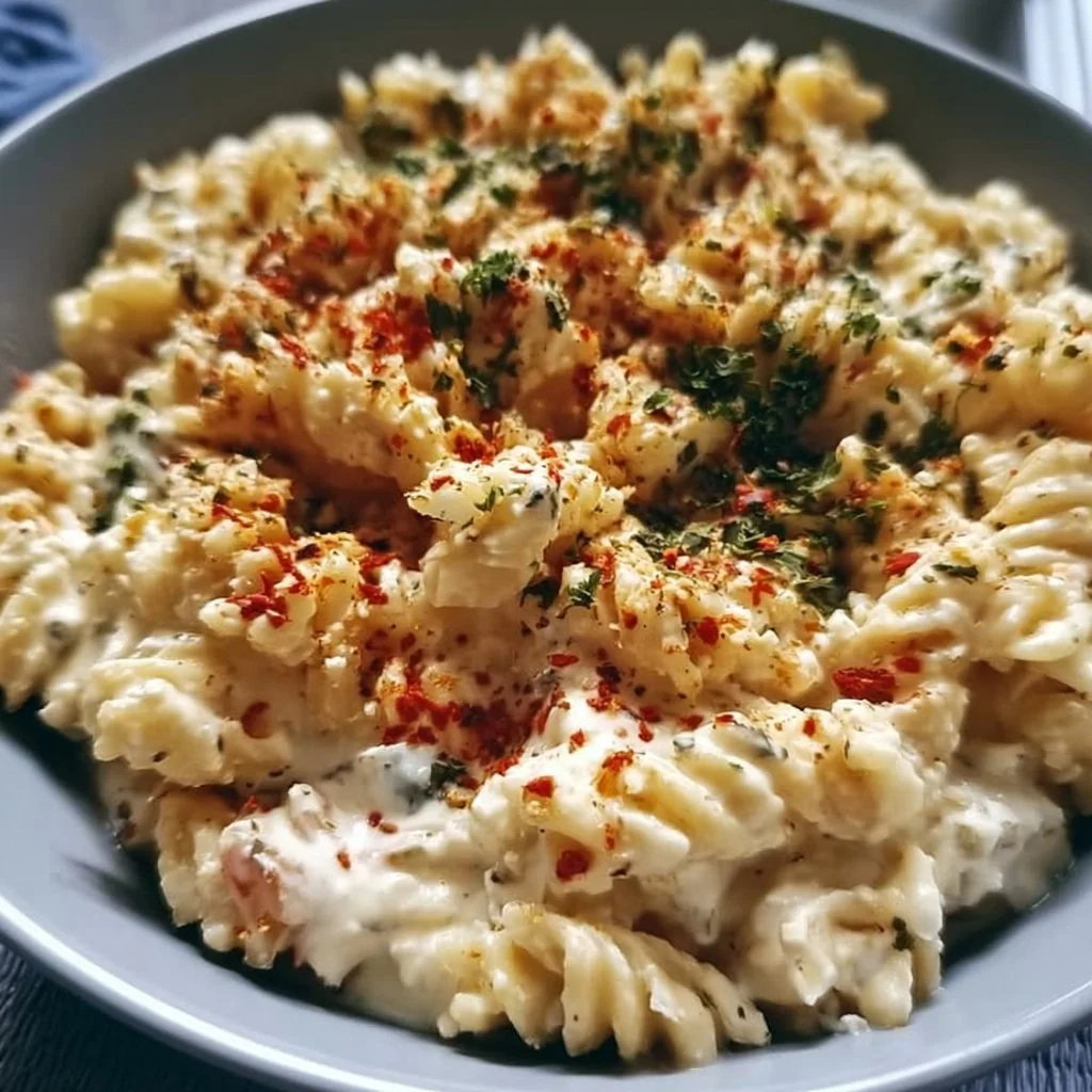 Hüttenkäse Hochprotein-Pasta-Sauce in einer Schüssel serviert