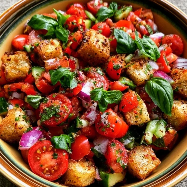 Panzanella, italienischer Brotsalat mit frischen Tomaten und Brotwürfeln