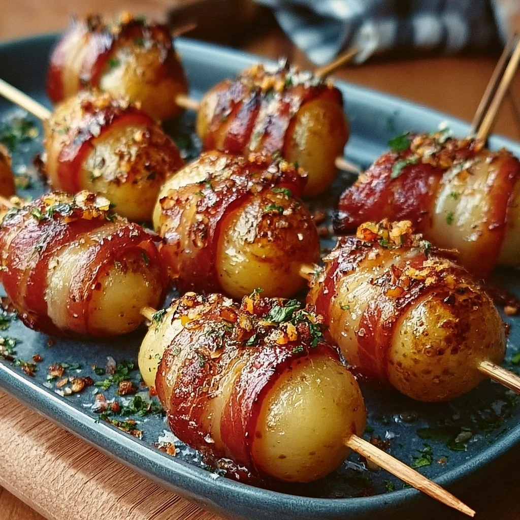 Leckere Kartoffel Bacon Spieße auf einem Grill serviert.
