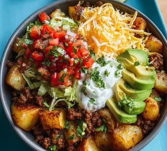 Veganer Kartoffel Taco Schüssel mit frischen Zutaten