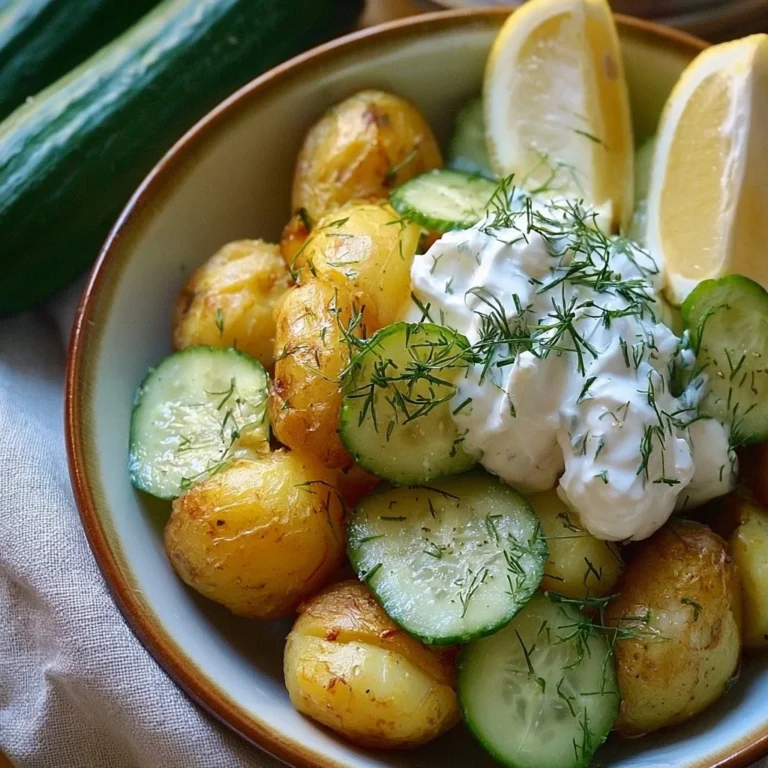 Kartoffeln mit Gurkensalat und Quark auf einem Teller serviert