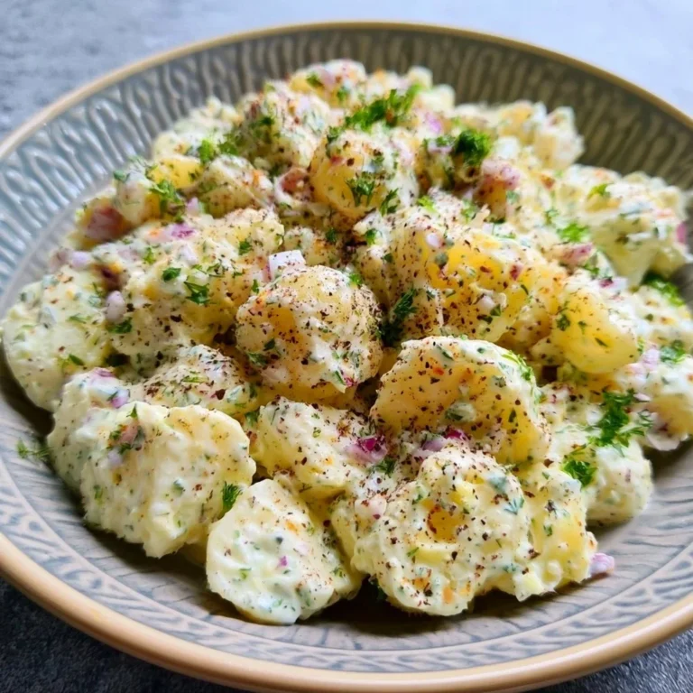 Leichter und cremiger Kartoffelsalat mit Joghurt auf einem Tisch serviert