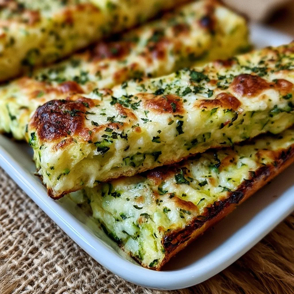 Käse-Zucchini-Brotsticks frisch gebacken auf einem Holzbrett