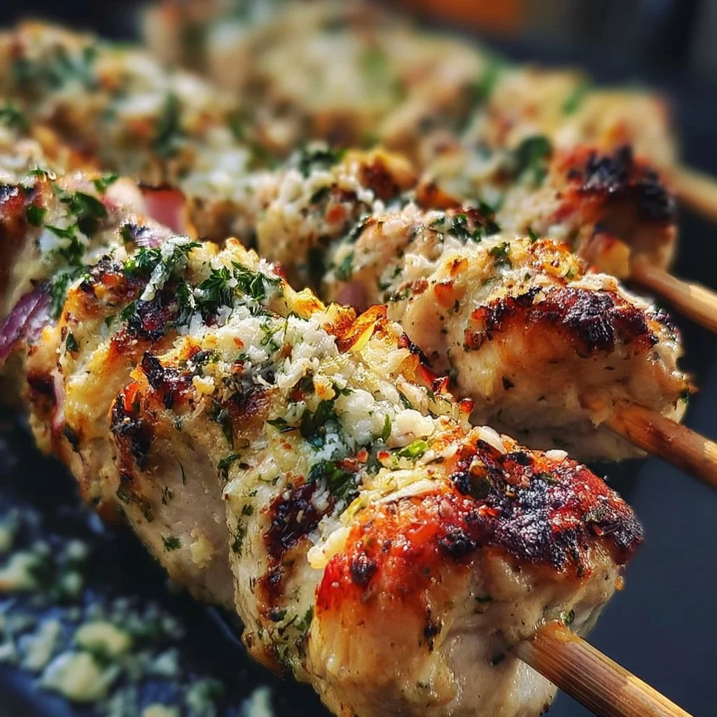 Knoblauch Parmesan Hähnchenspieße auf dem Grill zubereitet