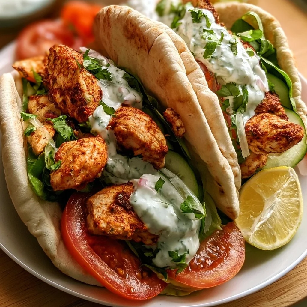 Knusprig gewürztes Hähnchen Pita mit frischem Gemüse und Sauce