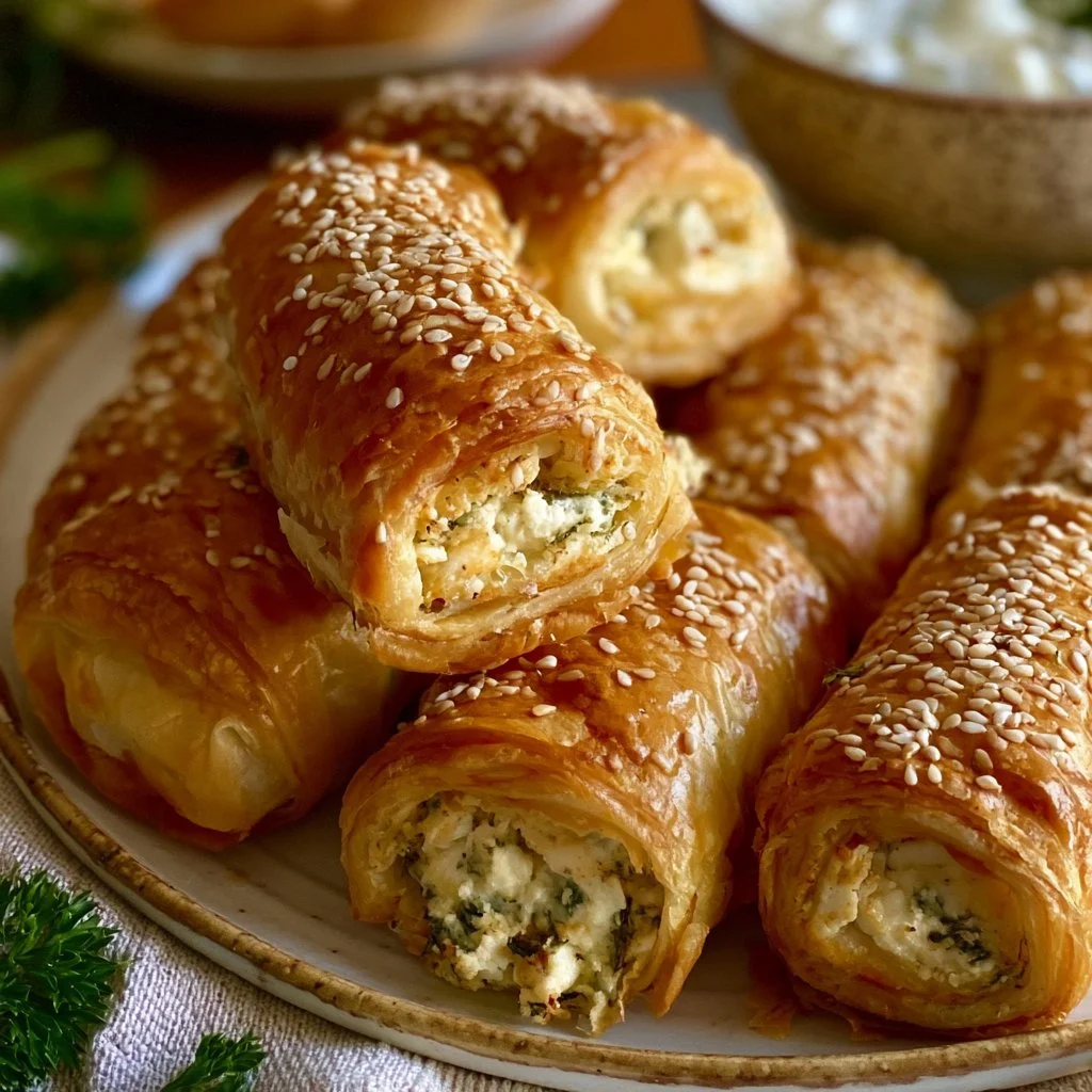 Knusprige Feta-Röllchen im Blätterteig auf einem weißen Teller