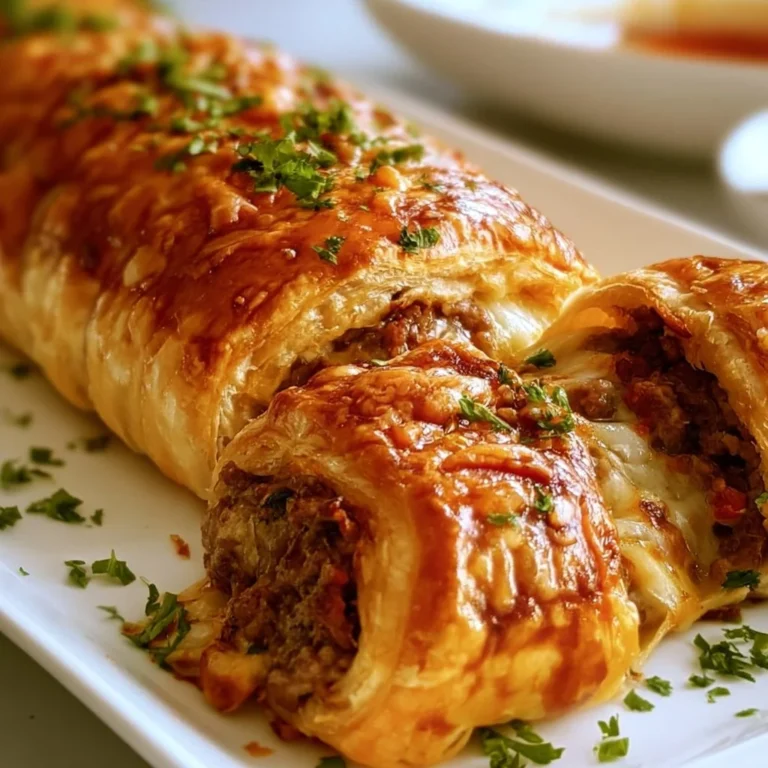 Knusprige Hackfleisch Käse Rolle aus Blätterteig auf einem Teller serviert