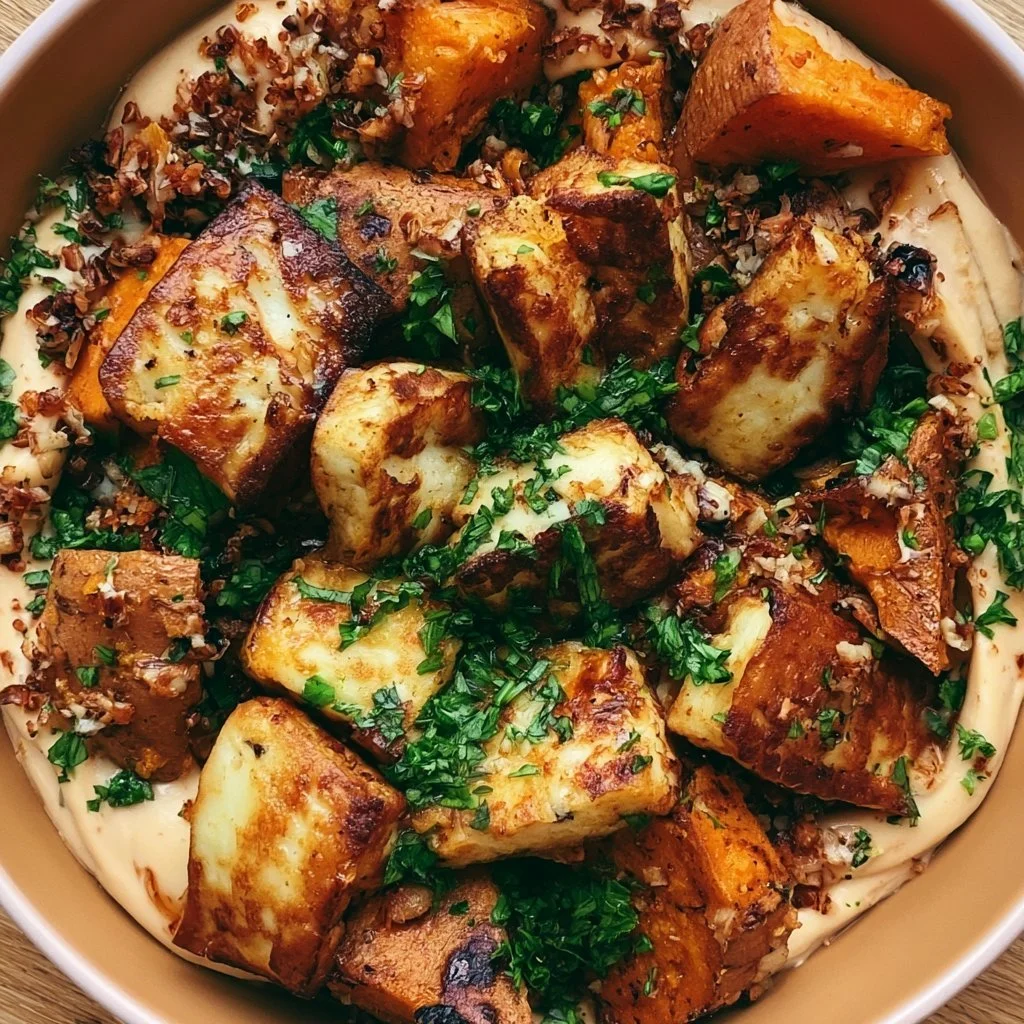 Knusprige Halloumi und geröstete Süßkartoffel in einer Schüssel
