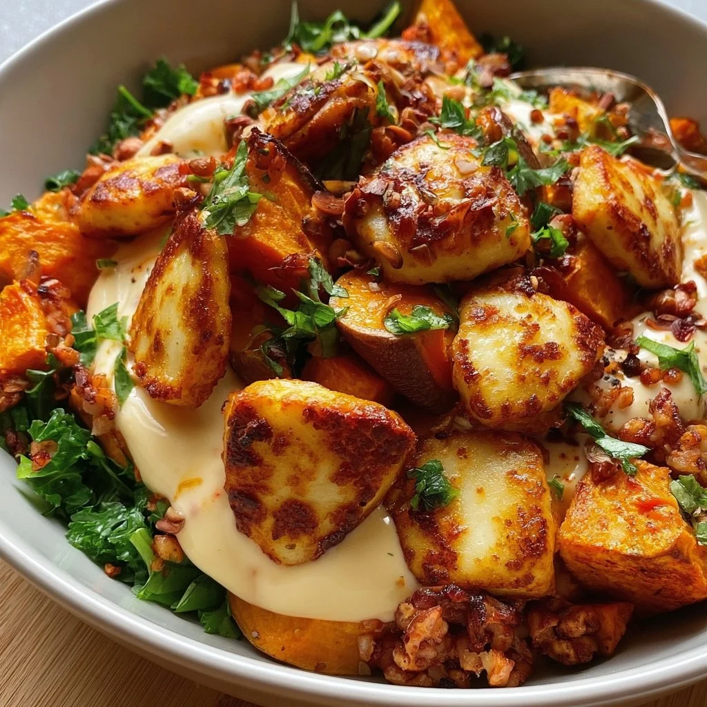 Knusprige Halloumi- und geröstete Süßkartoffelschüssel