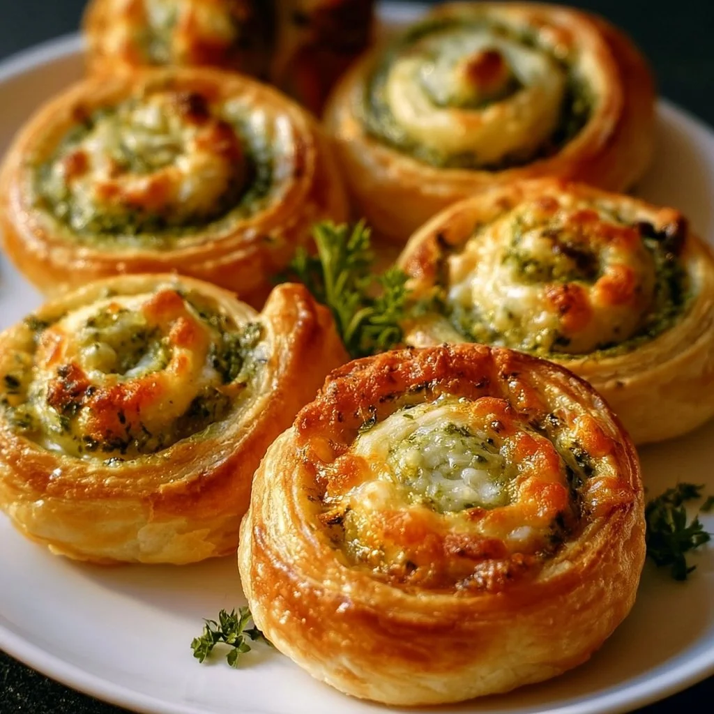 Knusprige Mini Blätterteig Schnecken mit Pesto und Käse auf einem Teller