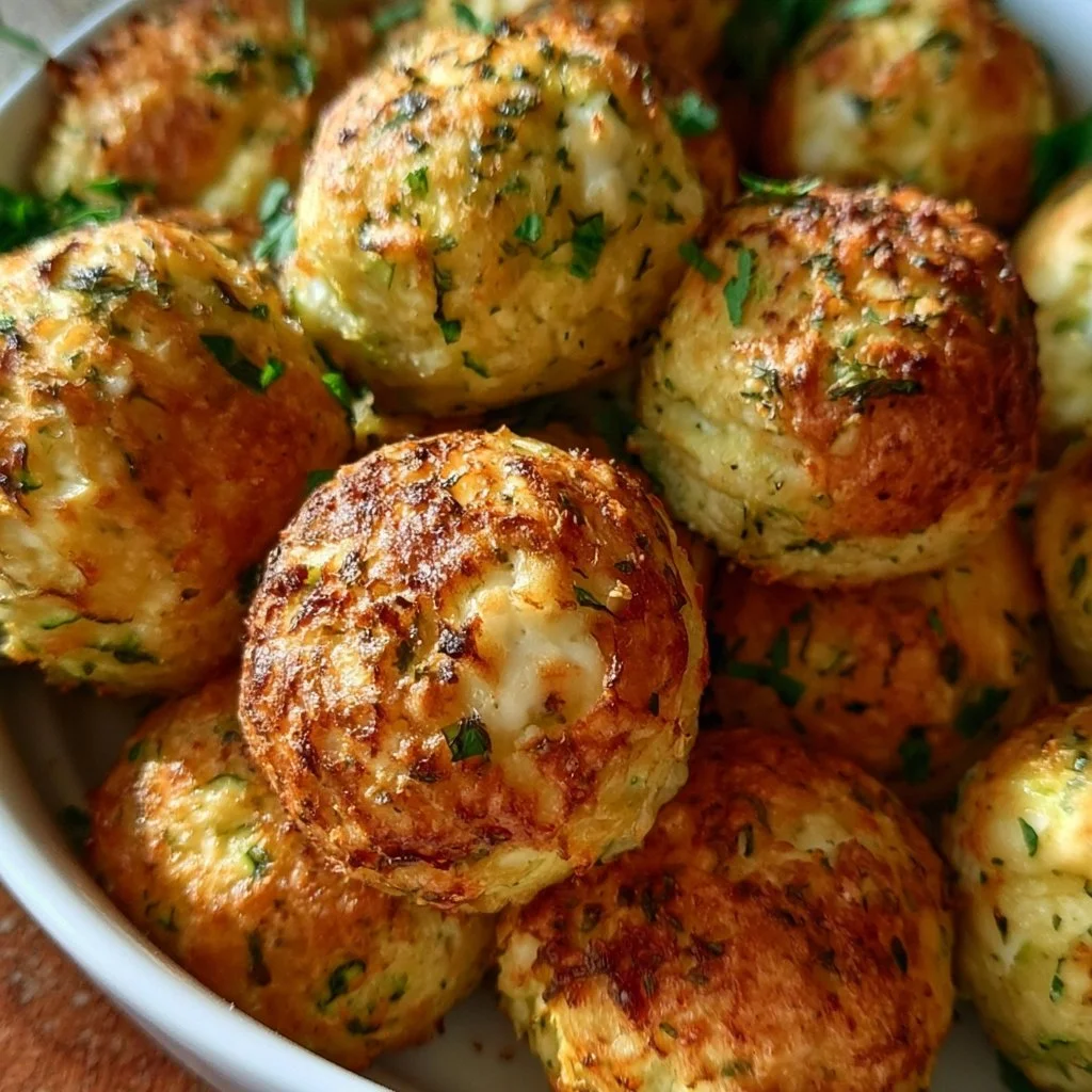 Knusprige Zucchini-Feta-Bällchen frisch aus dem Ofen
