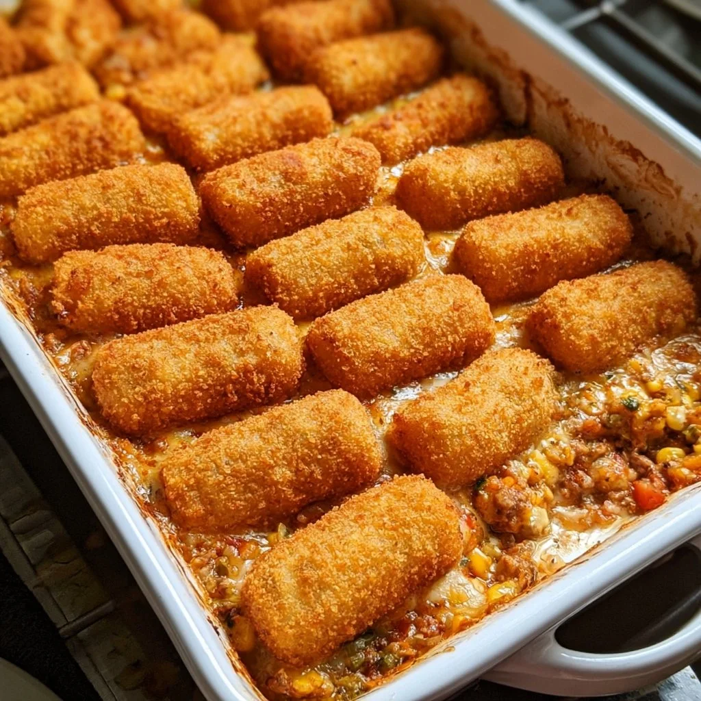 Kroketten-Hack-Auflauf frisch aus dem Ofen serviert