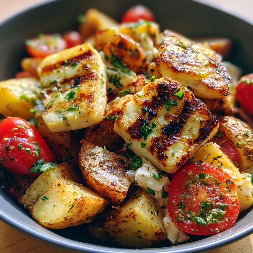 Griechische Kartoffel-Bowl mit gegrilltem Halloumi und frischen Zutaten.
