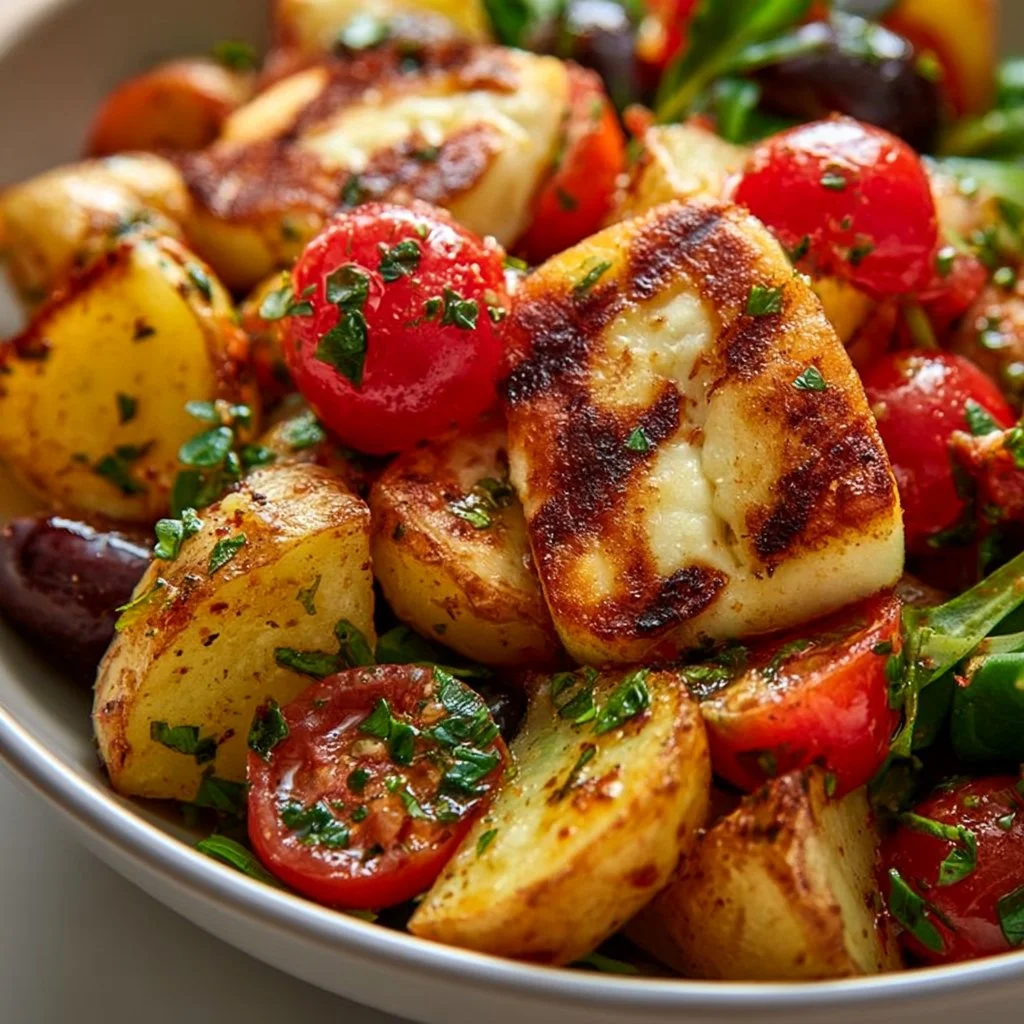 Leichte Griechische Kartoffel-Bowl mit gegrilltem Halloumi