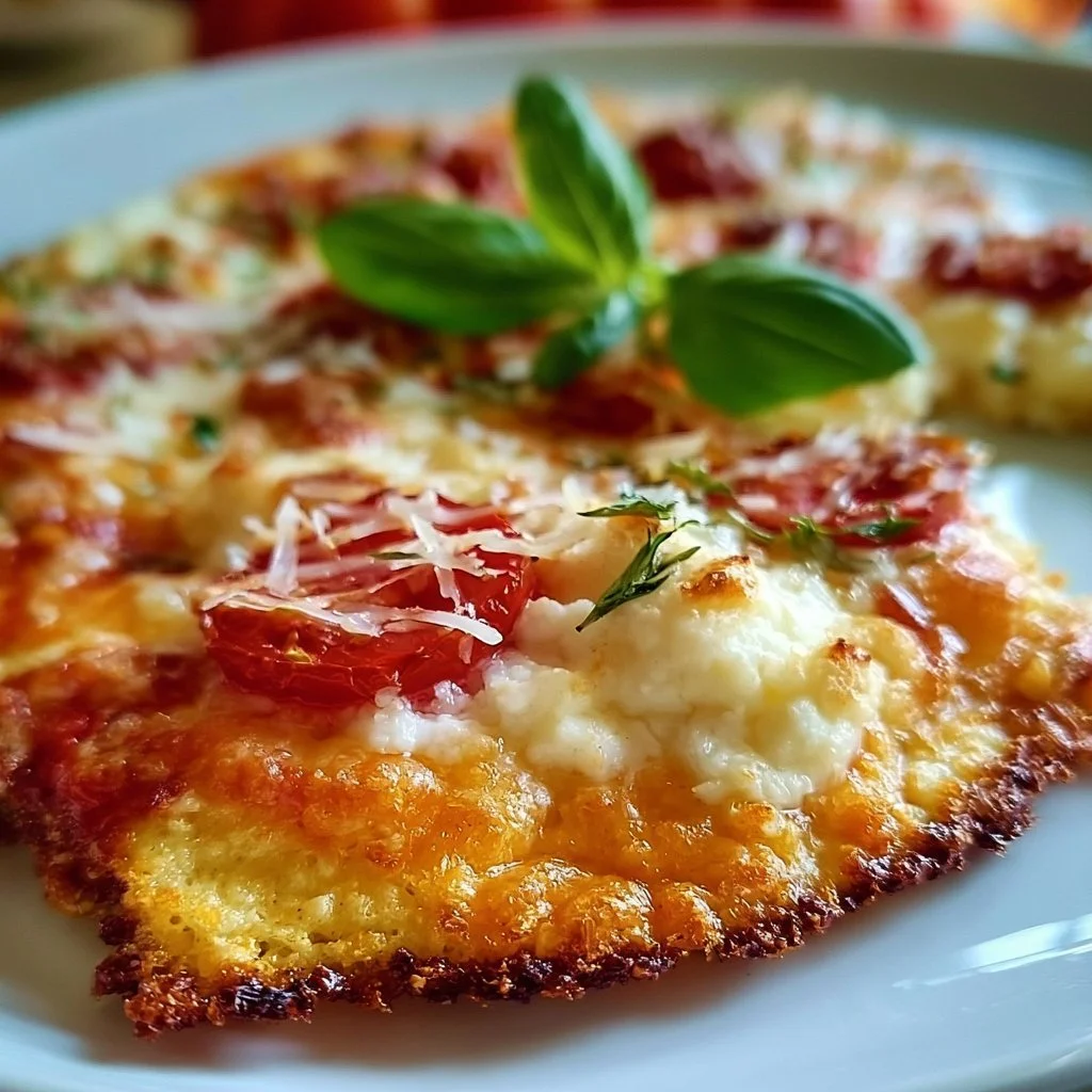 Leckere Low Carb Pizza mit körnigem Frischkäse auf einem Teller