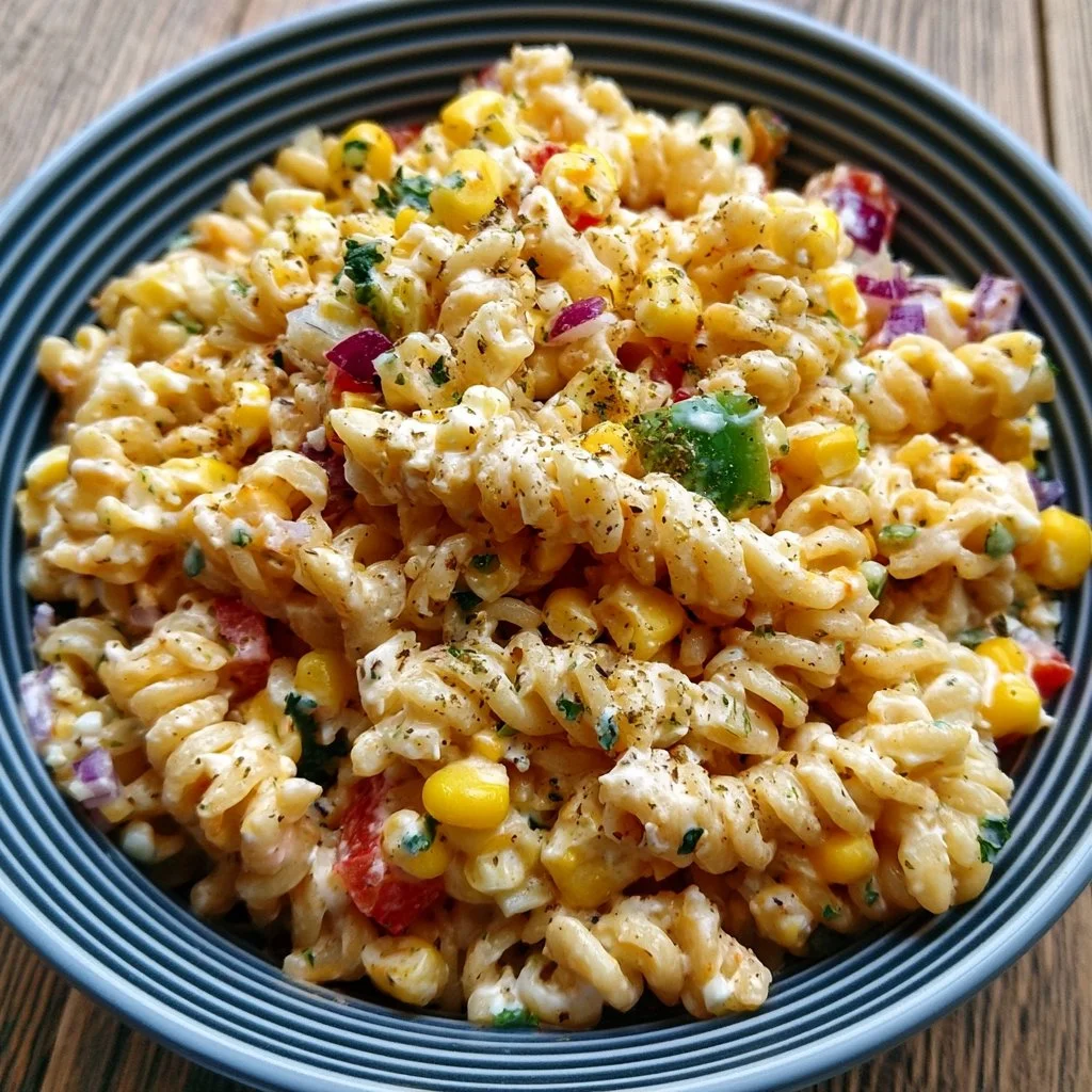 Mexikanischer Corn Pasta Salad mit frischem Gemüse und würzigen Aromen
