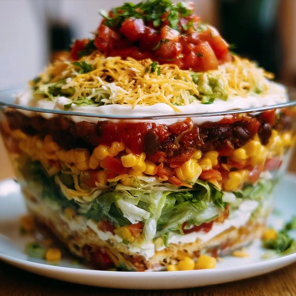 Mexikanischer Schichtsalat mit frischen Zutaten in mehreren Schichten